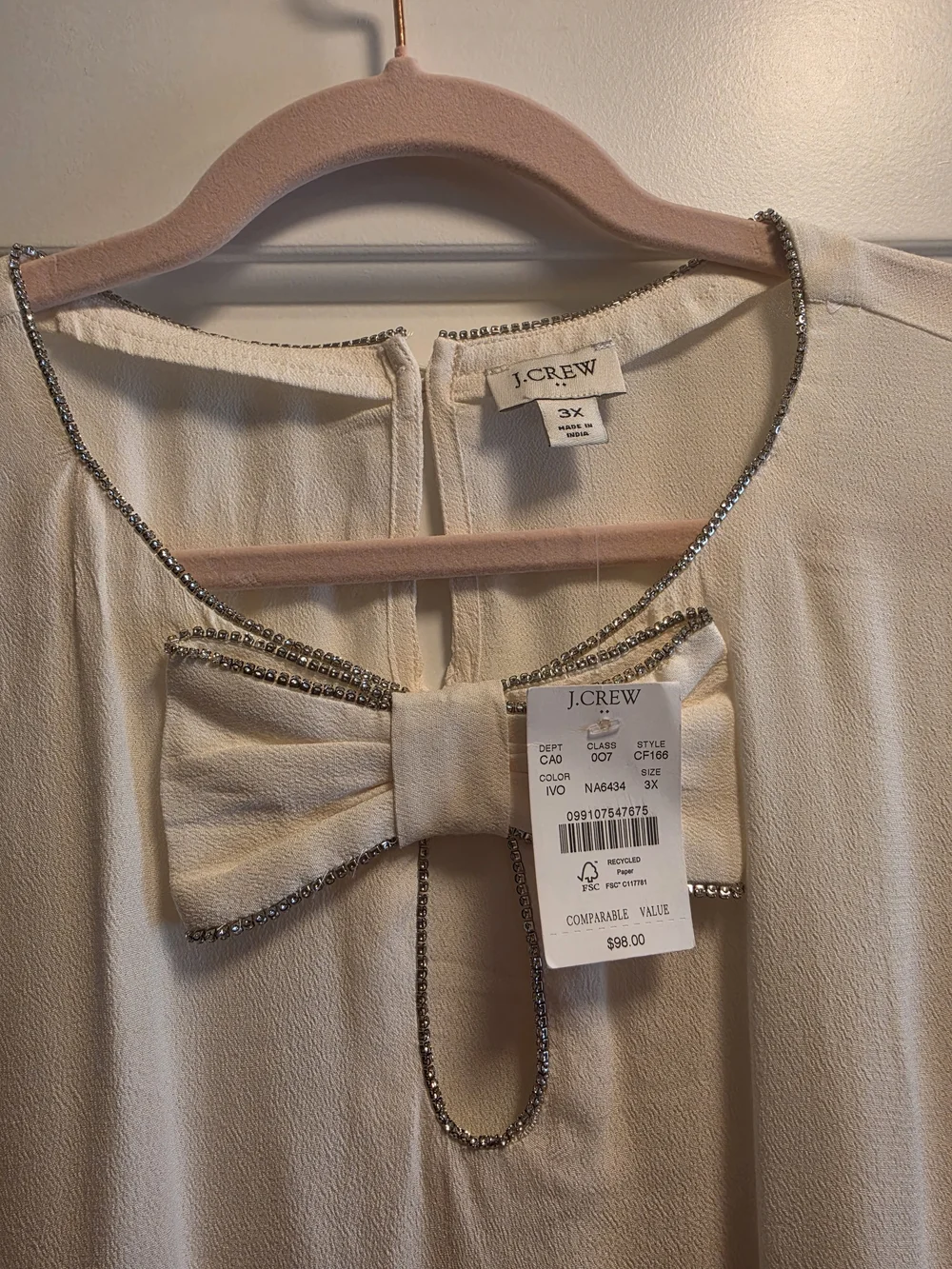 NWT J. Crew Cream Bow-Neck Long Sleeve Blouse With Rhinestones
